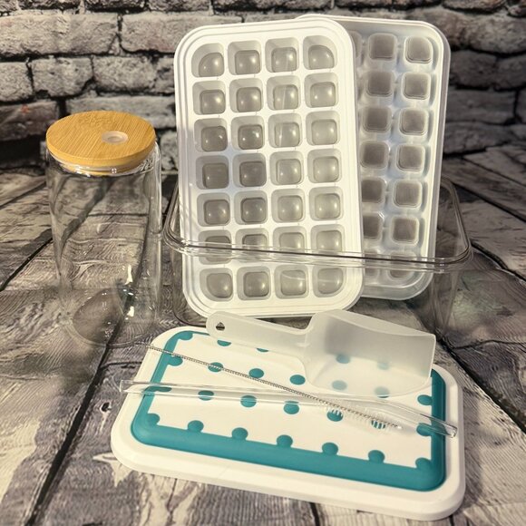 Auauy Plastic Ice Cube Trays with Bin/Glass w Lid/Straw & Cleaner/Scoop - Picture 6 of 10